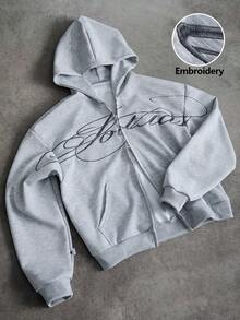 PAVTROS 男士街头风重工刺绣设计金属拉链经典灰白连帽卫衣 - 淺灰色 - 查看 1