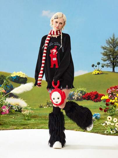 Teletubbies X ROMWE Maglione girocollo da donna con grafica carina ricamata, stile Y2K