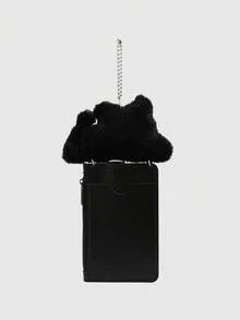 ROMWE Kawaii 1个可爱卡通毛绒小猫卡包，可爱娃娃装饰挂袋，娃娃卡套，学生卡套卡包，返校季必备 - 黑色 - 查看 4