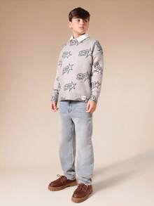 SUMWON Pull tricoté pour garçons avec motif de logo et imprimé intégral, col ras-du-cou, manches longues, pull décontracté pour l'école et les vacances - Gris - Voir 3