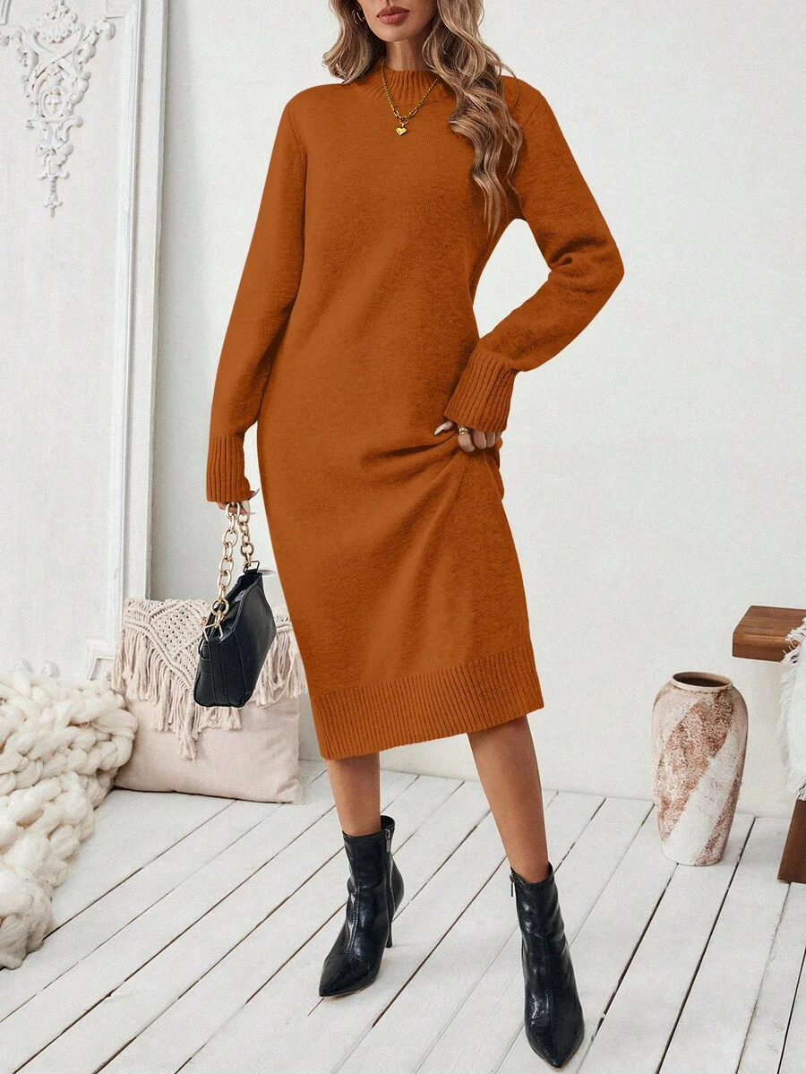 SHEIN LUNE 女士橙色直筒简约百搭毛衣连衣裙 - 橘色 - 查看 1