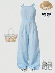 SHEIN ChillGRL 女童无袖蝴蝶装饰特殊面料蓝色连体裤，适合度假旅行，春夏款 - 藍色 - 查看 1