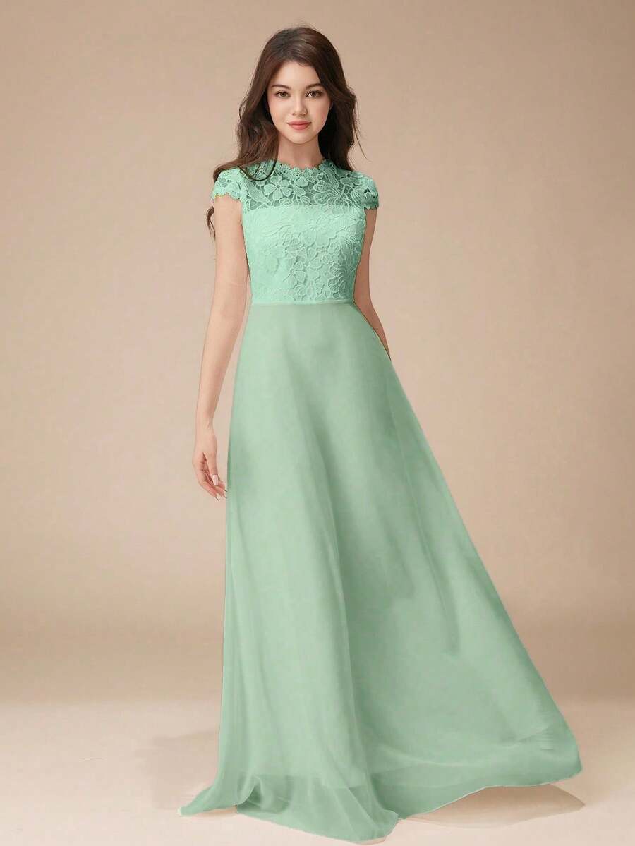 少女优雅高端蕾丝拼接亮面缎面长袖连衣裙，适合婚礼季节、舞会、婚礼、生日派对、表演、伴娘