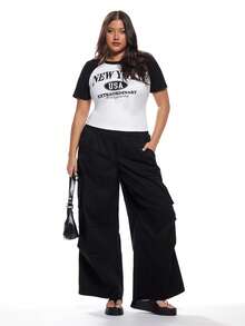 Solavibe 2 pièces/Set Femmes grande taille T-shirt à manches raglan imprimé lettres et pantalon large, décontracté - Noir - Voir 5