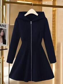 Modelyn Plus Size Solid Color Hooded Waist A-Line Elegant Dress - Navy Blue - View 1