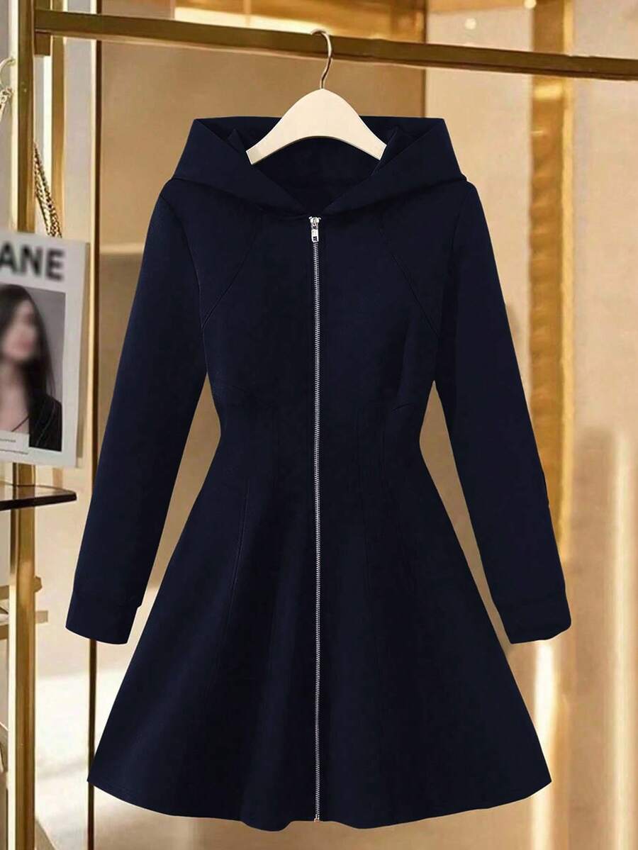 Modelyn Plus Size Solid Color Hooded Waist A-Line Elegant Dress - Navy Blue - View 1