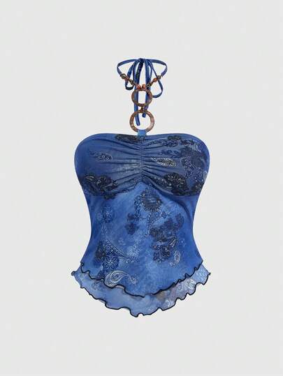 ROMWE J-Fashion 复古腰果花印花无肩带露背女式上衣