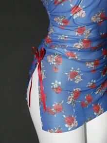 Seduluxe 复古蕾丝拼接花卉修身A字吊带裙，性感女士睡袍 - 藍色 - 查看 10