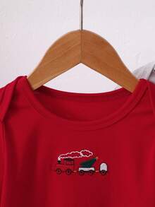 SHEIN 男婴长袖连体衣和运动裤套装，火车印花图案，圣诞节假日礼物套装 - 紅色 - 查看 7