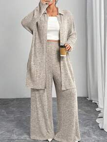 Modelyn 大码女式纯色落肩长袖单排扣长袍和裤子阿拉伯套装 - 杏色 - 查看 3