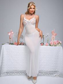 Crystal Vow 2pcs/Set Women's Contrast Lace Sheer Wireless Sexy Lingerie Set - White - View 1