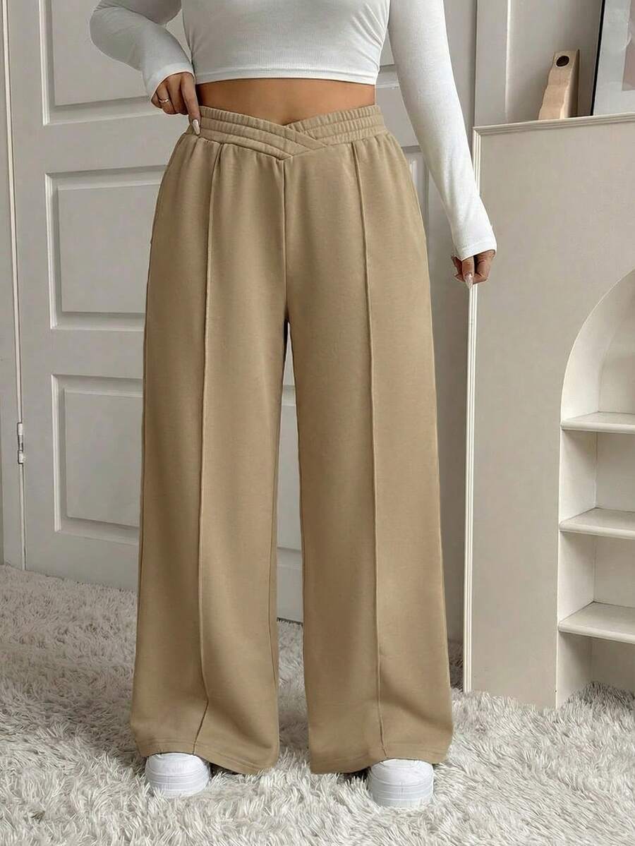 Solavibe 加大码卡其色纯色V腰阔腿休闲家居裤，秋冬款 - 卡其色 - 查看 1