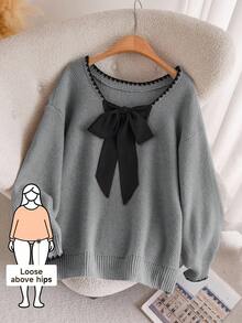 CosyJoli Plus-Size Women's Bow Woolen Pullover Top,Pink And Grey,Autumn,Cute,School,Back-To-School Warm Sweaters,Winter Clothing For Women,Loose Winter Clothes - Grey - View 1
