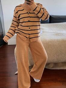 DAZY Bộ đồ mặc nhà mùa đông 2 chiếc áo dệt kim kẻ sọc jacquard và quần ngủ rộng màu trơn cho nữ - màu nâu - Xem 9