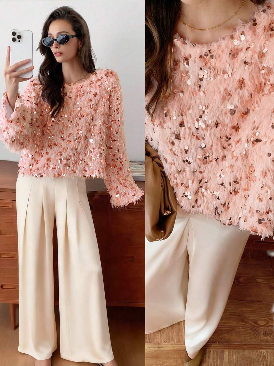 Elyressa 1 chiếc áo len chui đầu cổ tròn dáng rộng, thoải mái, đính sequin, thiết kế châu Âu, chất liệu mềm mại, ấm áp và thanh lịch cho mùa đông. - Hồng - Xem 1