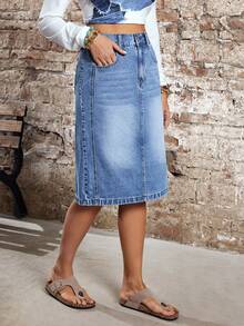 EMERY ROSE 女士高腰口袋直筒宽松休闲牛仔裙 - 藍色 - 查看 3