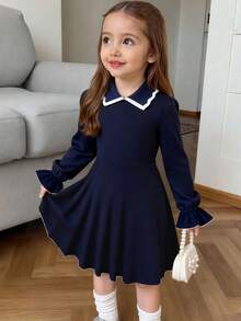 Elladie kids Young Girl's Casual Collegiate French Chic Peter Pan Collar High-End Dress, Suitable For Spring And Autumn