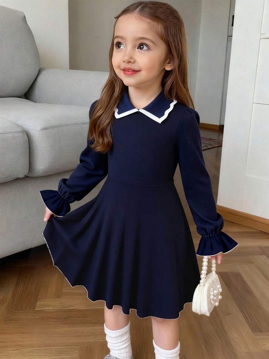 Elladie kids Young Girl's Casual Collegiate French Chic Peter Pan Collar High-End Dress, Suitable For Spring And Autumn