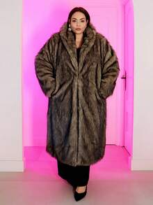 Pretty and Ole 女士长款人造皮毛大衣，冬季保暖毛绒夹克 - 灰色 - 查看 6