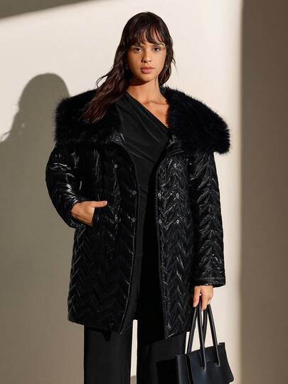 Women Casual, Long Sleeve, Mid Length, Shinny Fabric, Snap Button, Faux Fur Collar, /Zig Zag Texture, Padded, Winter Coat