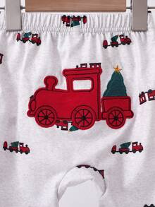 SHEIN 男婴长袖连体衣和运动裤套装，火车印花图案，圣诞节假日礼物套装 - 紅色 - 查看 6