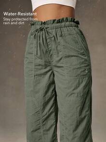 OutZeal Women Outdoor Pants Camping Hiking Water-Resistant Drawstring Waist Lightweight Wide Leg With Pockets - Army Green - View 2