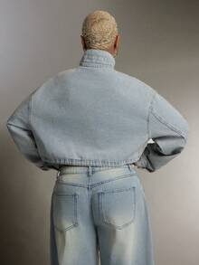 Denimoi Elastic Waist Toggle High Neck Zip Front Cropped Denim Jacket - Light Wash - View 5