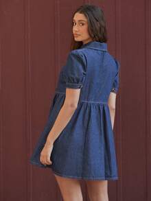 WESTFADE Peter Pan Collar Button Front Puff Sleeve Denim Babydoll Mini Dress Fall, Autumn, Winter, Casual, Cute, Western Wear, Boho, Cowgirl, New Years, NYE, Christmas