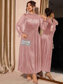 Cravure 大码女式网纱天鹅绒优雅泡泡袖连衣裙，收腰设计，适合派对穿着 - 粉色 - 查看 7