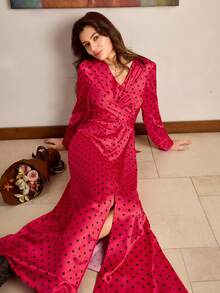 SHEIN Unity Elegant Red And Black Polka Dot Hem Slit Long Sleeve Women Maxi Dresses,Autumn Winter Formal Party Dresses For Women,Christmas Party Dress - Red - View 1