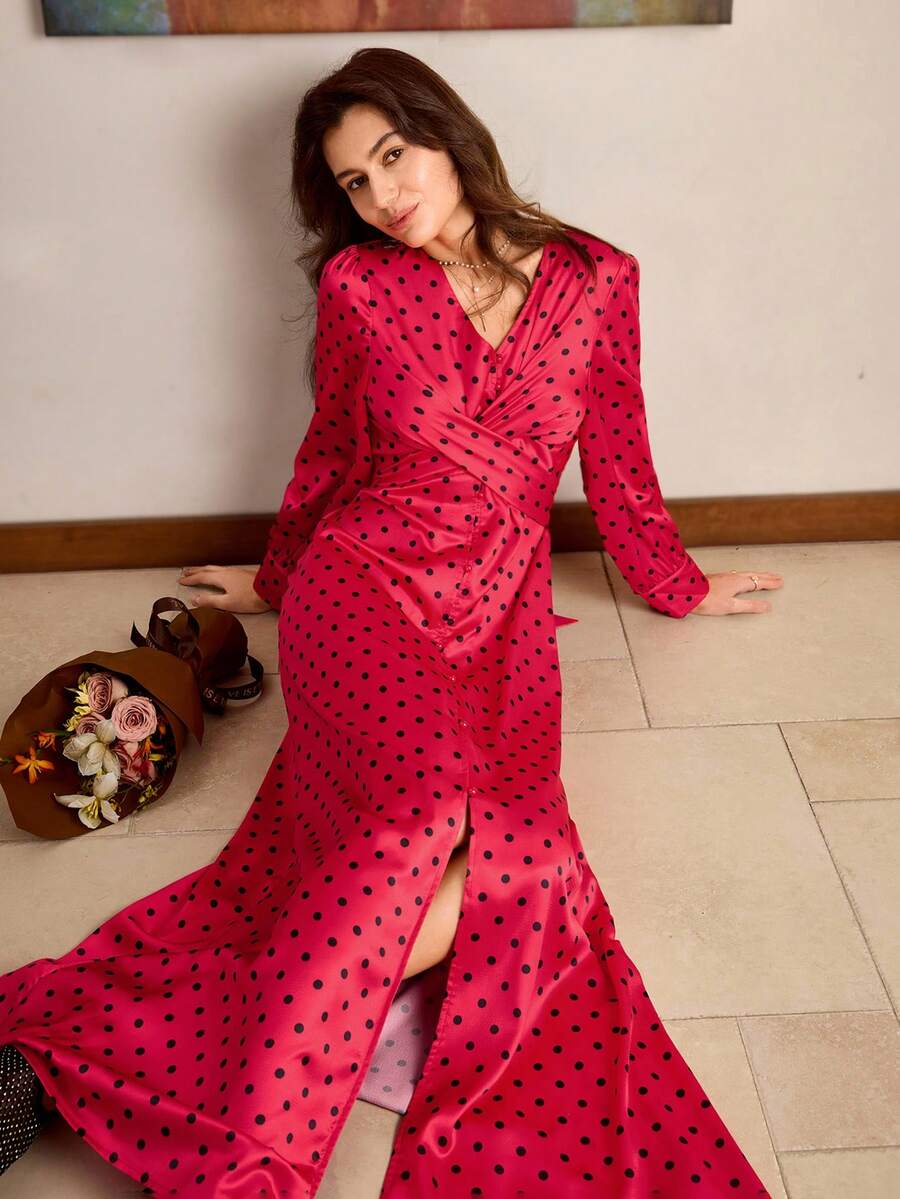 SHEIN Unity Elegant Red And Black Polka Dot Hem Slit Long Sleeve Women Maxi Dresses,Autumn Winter Formal Party Dresses For Women,Christmas Party Dress - Red - View 1