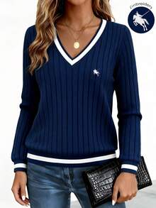 EMERY ROSE Women's Fashion Casual Elegant Embroidered Ribbed T-Shirt - Navy Blue - View 3