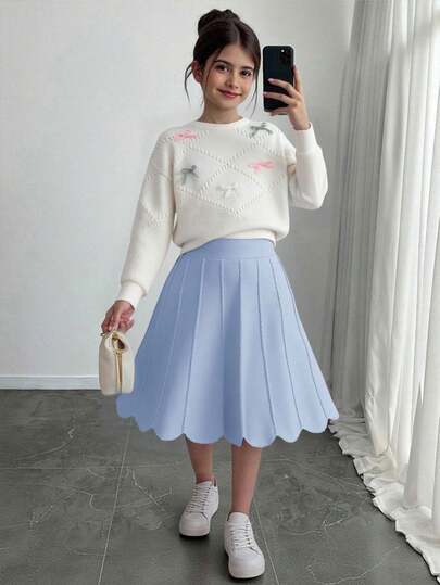 SHEIN 2pcs Tween Girls Outfit, Knit Sweater Paired With Cute Bow & Pleated Skirt Set, Soft & Comfortable, Suitable For Winter