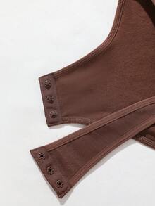 Women's Coffee Brown High Stretch Plain Backless Long Thong Bodysuit Casual Comfy Shapewear - Coffee Brown - View 8