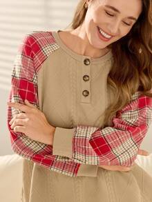 Momelise Plus Size Jacquard Plaid Patchwork Crew Neck Pullover Loose Casual Sweatshirt For Women - Khaki - View 7