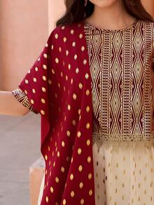 2pcs/Set Abaya Jalabiya Traditional Arabic Clothing, Metallic Fabric, Polka Dot Pattern, For Teenagers