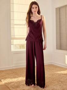 MOTF PREMIUM LACE TRIM PATCHWORK KNIT COMFORTABLE & ELEGANT PAJAMA SET - Burgundy - View 5
