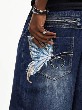 Street Life Men's Casual Washed Butterfly Embroidered Denim Jeans