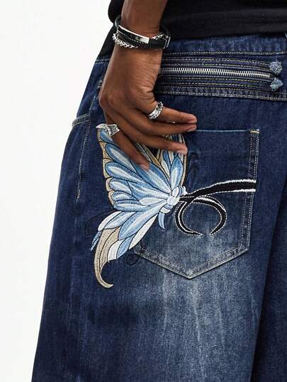 Street Life Jeans casual da uomo in denim lavato con ricamo a farfalla
