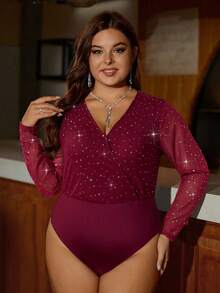 SHEIN Clasi Plus Size Sexy Applique Mesh V-Neck Long Sleeve Bodysuit, Autumn/Winter - Burgundy - View 5