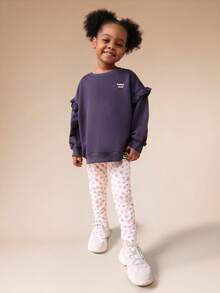 SUMWON Girls Ruffle Sleeve Sweatshirt And Polka Dot Leggings Coordinated Two Piece Set With Happy Days Text Print Vacation - Dark Grey - View 1
