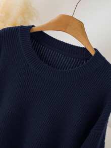 CosyJoli Pull oversize décontracté à col rond ajusté avec broderie florale, décontracté pour femmes, pull décontracté pour femmes - Bleu marine - Voir 5