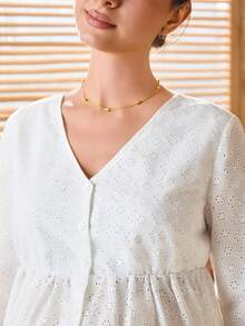 SHEIN Maternity V-Neck 3/4 Sleeve Shirt With Single-Breasted Embroidered Floral Design Cotton Maternity Clothes Maternity White Dress Maternity Sets Summer Maternity Clothes For Photoshoot Maternity Clothes Two Piece Suits,Maternity Clothes - White - View 6