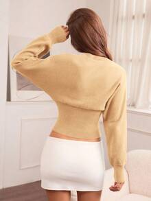 Hanevo 休闲圆领抽绳腰身修身纯色针织衫，适合秋冬季穿着。 - 杏色 - 查看 2