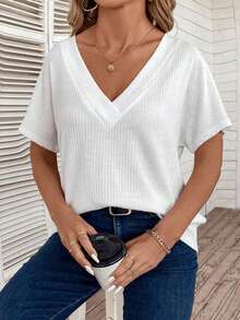 Selamara New Plus Size Women Fashion V-Neck Loose Short Sleeve T-Shirt - White - View 4