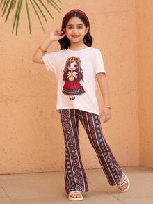 2pcs Girls Ramadan Crescent Moon Print Short Sleeve Top & Diamond Pattern Flare Pants Set, Suitable For Daily Outings, Spring/Summer - Black - View 5