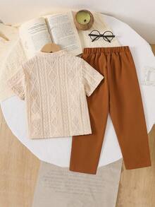 2pcs Young Boys Collared Short Sleeve Jacquard Knit Shirt With Pocket + Elastic Waist Wide Leg Pants Casual Suit, Brown & Khaki, Suitable For Spring/Summer Everyday Wear - Khaki - View 2