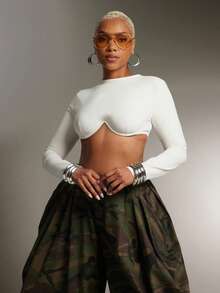 Denimoi 长袖露脐上衣，带钢圈细节，性感时尚街头风夜店装 GNO 音乐会 - 白色 - 查看 1