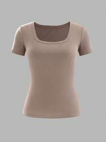 EMERY ROSE Maglietta casual a costine a maniche corte con scollo a barca e vestibilità aderente, di colore unito per donna - Multicolore - Visualizzare 3