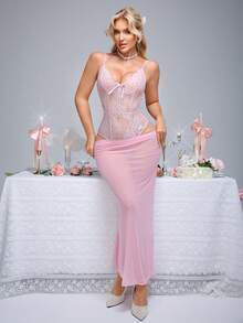 SHEIN 两件套：蕾丝撞色网纱无钢圈性感连体衣+迷你裙 - 粉色 - 查看 5